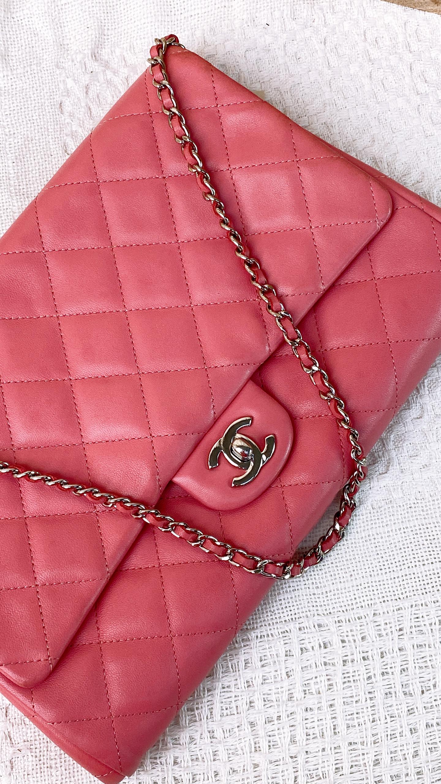 Chanel Pink Lambskin Timeless Clutch with Chain (SHW)