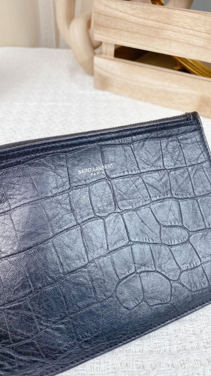 YSL Black Croc Effect Zippy Pouch